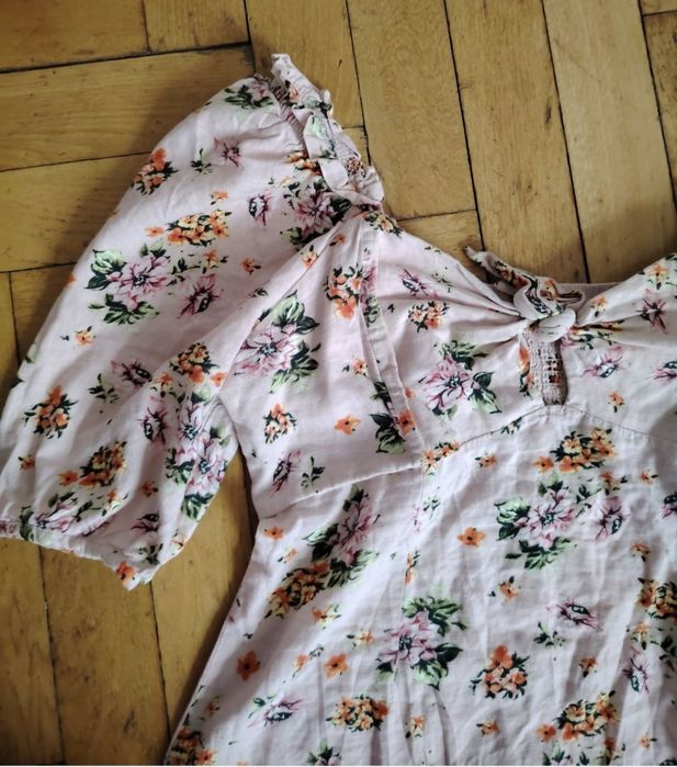 Платье лен с рукавами фонарик лиф на завязках XL-XXL
