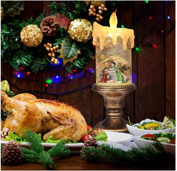 Śnieżna latarnia świąteczna w kształcie świecy wzór szopki  Belle Vous