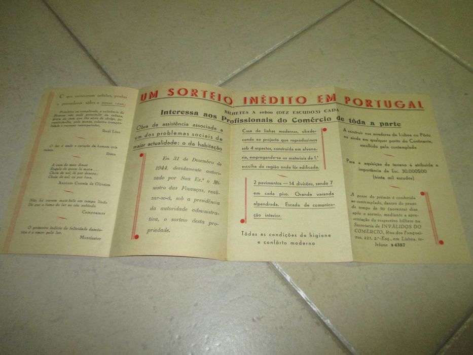 Folheto antigo Sorteio Trabalhadores do Comércio anos 40