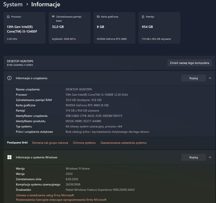 Komputer gamingowy - i5 / RTX 4060 / 32GB RAM / 1TB NVMe / W11H