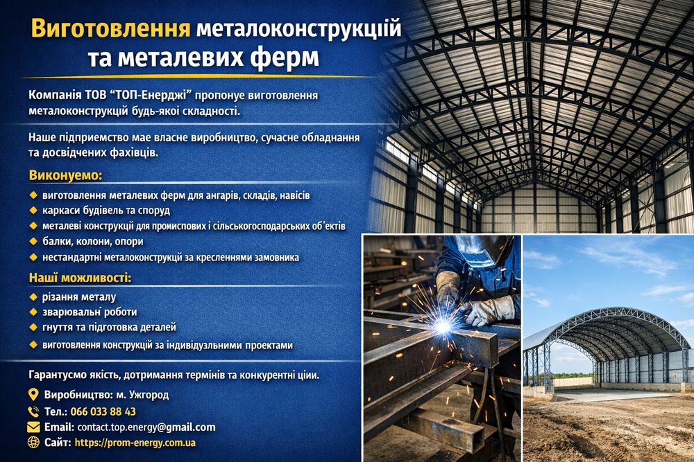 Виготовлення металоконструкцій, ферм, ангарів, каркасів під замовлення