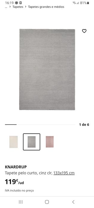 Tapete Pelo Curto Cinza Claro 133×195 cm
 Ikea