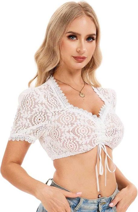 Damska bluzka Dirndl biała koronkowa dekolt serek elegancka S