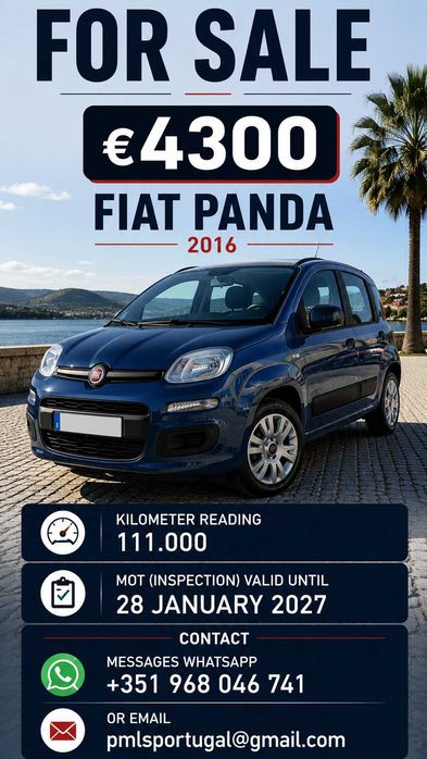 Vende Fiat Panda - ano 2016 - 1.2 gasolina - 111.000 km - caixa manuel - bom estado - €4300 negociavel