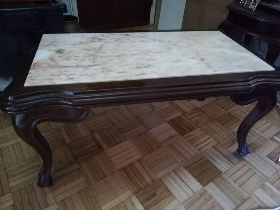 Mesa mogno com pedra mármore, 97 x 48 X 43 cm