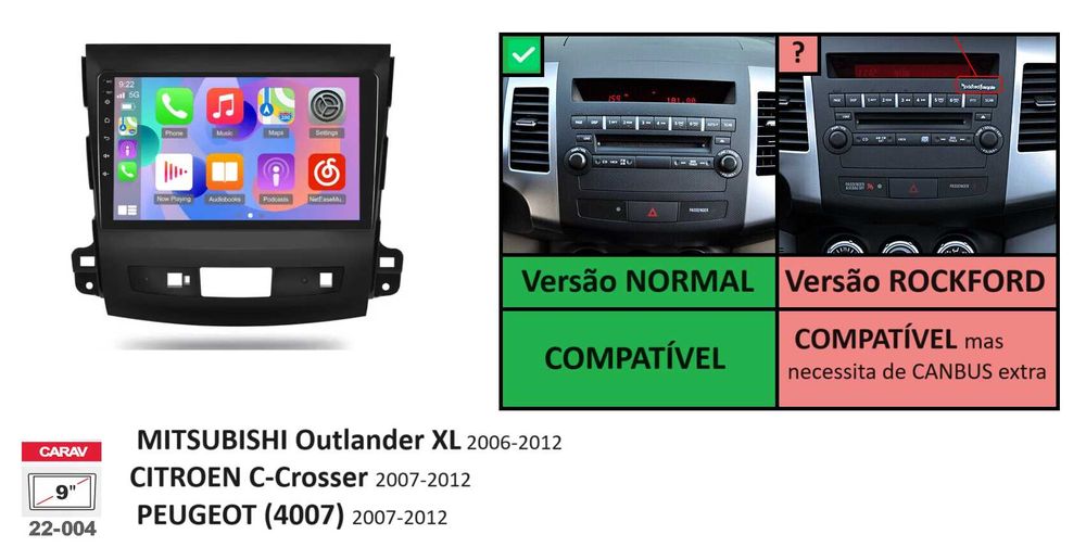 Rádio 2DIN • Citroen Crosser • Peugeot 4007 • Mitsubishi Outlander ASX