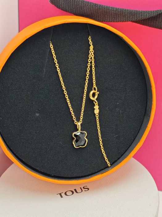 Naszyjnik z misiem żółte srebro vermeil 925 z onyksem