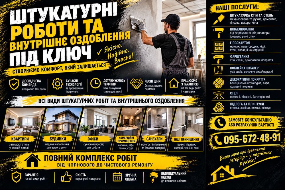 ШТУКАТУРКА• ШПАКЛЮВАННЯ • ФАРБУВАННЯ  Внутрішні штукатурні та оздоблювальні роботи