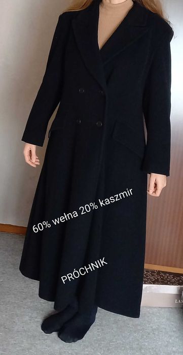 Wełniany płaszcz damski Elegancki r. 42 czarny długi na zimę Próchnik