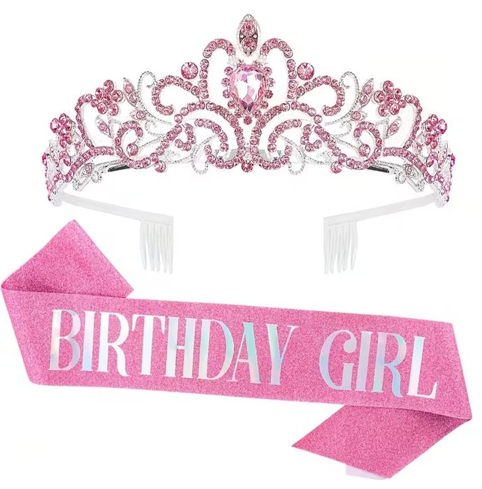 Szarfa korona na urodziny urodzinowy zestaw Birthday Girl 18 tka róż srebro nowe