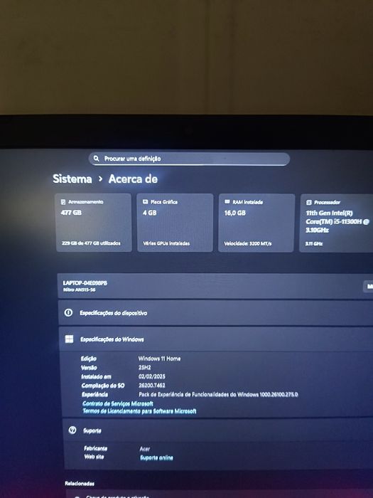 Acer Nitro 5 – i5 11ª Gen | GTX 1650 | 16GB RAM