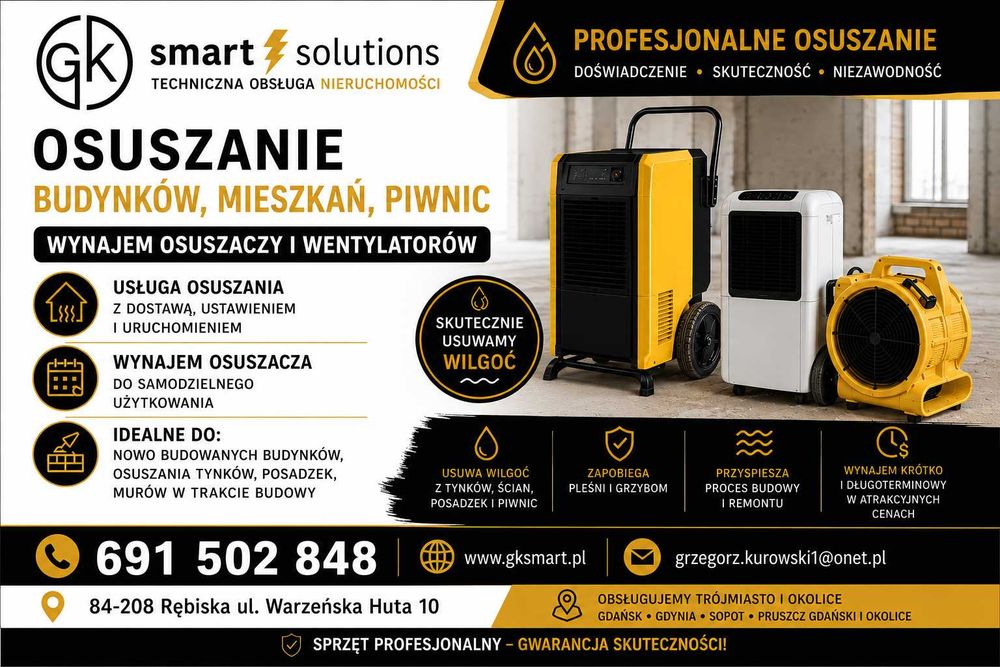 Osuszanie pomieszczeń, posadzek, tynków -  Wynajem osuszaczy i wentylatorów