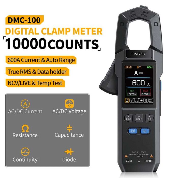 FNIRSI DMC-100 — цифровий мультиметр-кліщі True RMS 600A