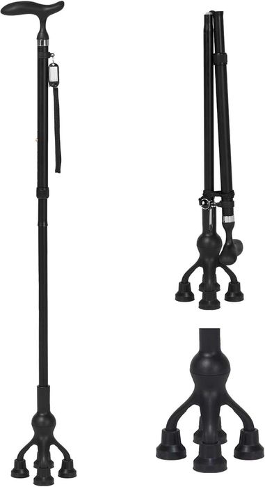 Bengala Dobrável em Alumínio Preto – Base de 4 Pontas