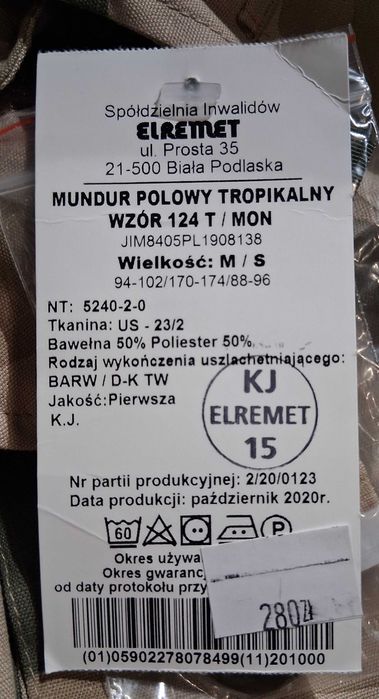 Mundur Polowy Tropikalny Wzór 124T MON / Rozm. M/S / Nowy