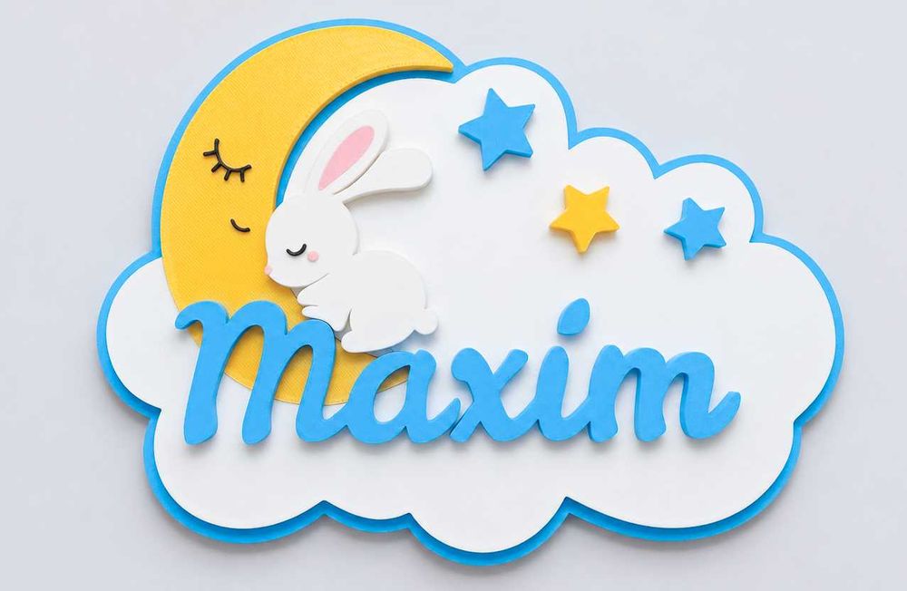 Placa Personalizada com Nome para Quarto de Bebé – Coelho e Lua 3D