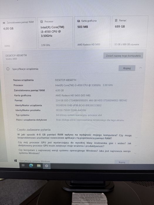 Komputer Dell Vostro 3800 i3-4150/4Gb/256SSD z monitorem NEC E222W