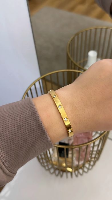 Bransoletka damska sztywna złota z cyrkoniami - Prezent na Walentynki!