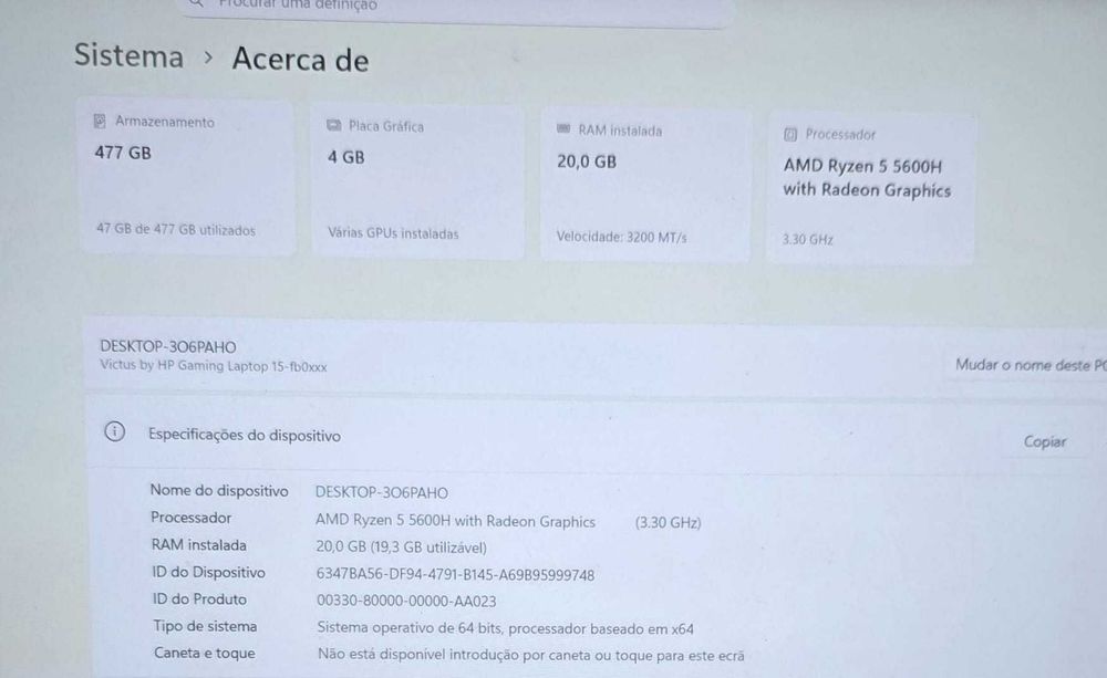 Portátil HP Victus Gaming 15-fb0010np