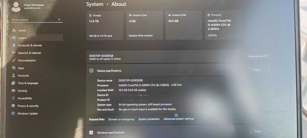 Portátil Gaming HP Omen 15 | i5 8ª Gen | 16GB RAM | SSD 1TB + 256GB | Bateria Nova