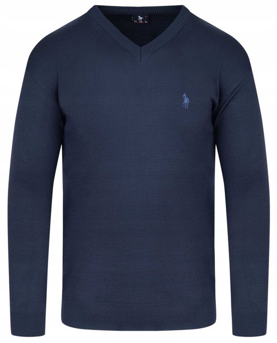 Sweter Męski V Serek- Wełna - KNK - jeans