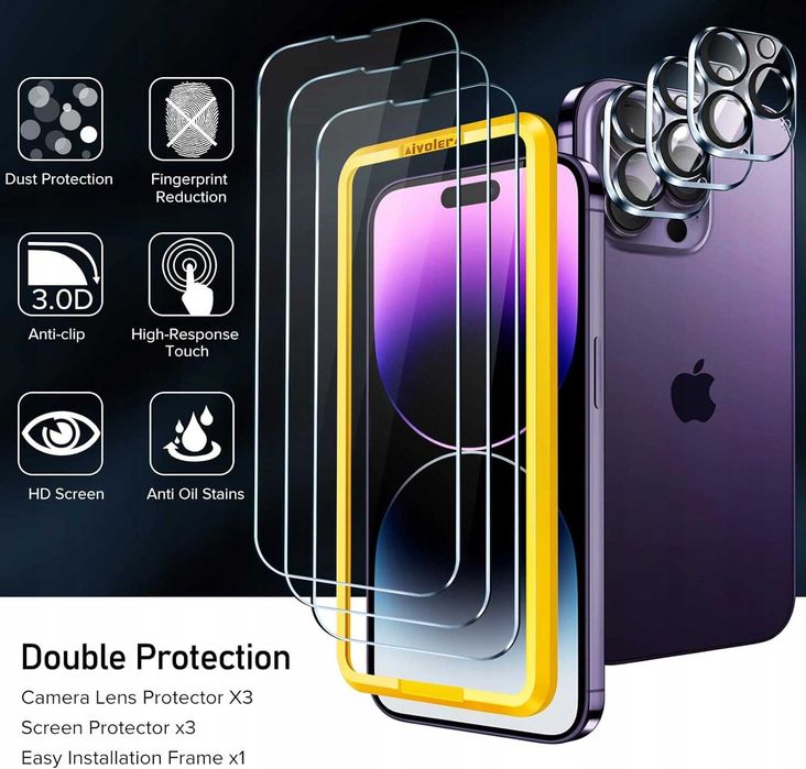 Szkło do iPhone'a 14 Pro Max 3 folie ze szkła hartowanego i 3 osłony