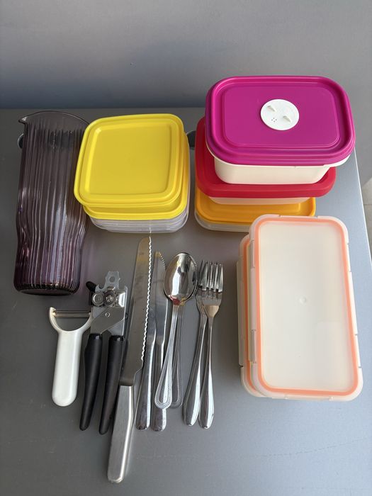 Conjunto de utensílios de cozinha (caixas + talheres + ferramentas)