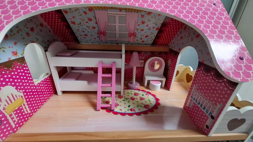 Duży drewniany domek dla lalek + meble | 3 piętra