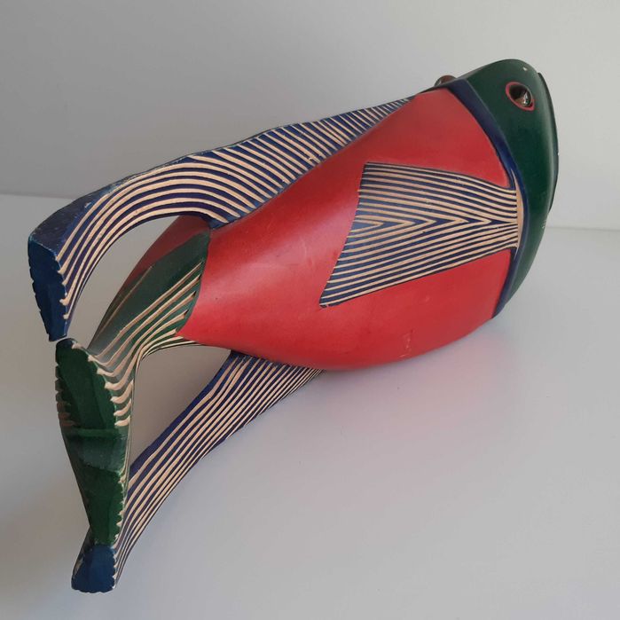 Escultura Madeira Arte Africana Angola Peixe Colorido 40cm