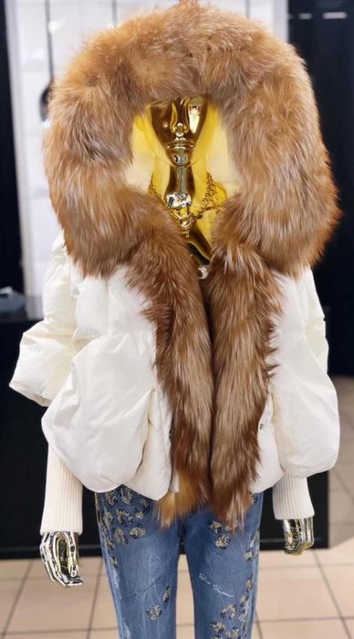 Kurtka Puchowa Ecru Lis Naturalny Futerko Najtaniej !