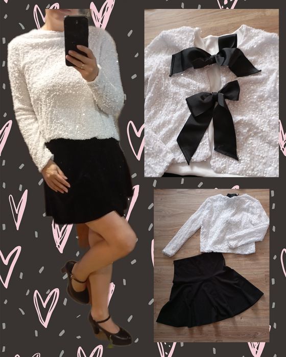 Zestaw komplet cekinowa biała bluzka oraz spódniczka r. M