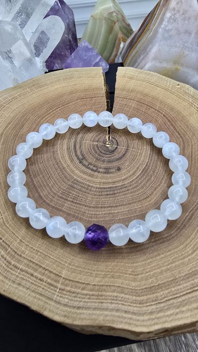 Браслет з натурального каміння - Місячний камінь (Адуляр) з Аметистом