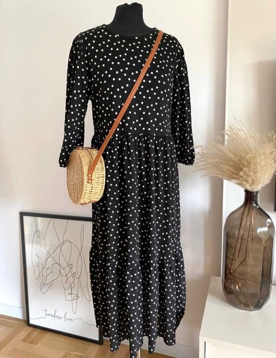 Zara czarna w biale kropki sukienka midi L/XL