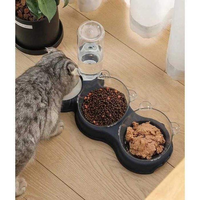 ZESTAW 3w1 Miska Podwójna dla Psa Kota na Karmę z Dozownikiem Poidło