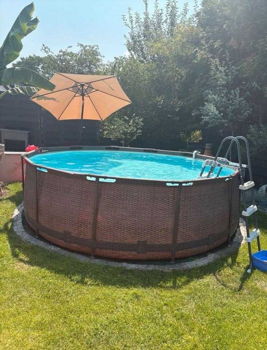 Basen ogrodowy 366x100 stelażowy rattan + pompa drabinka zestaw
