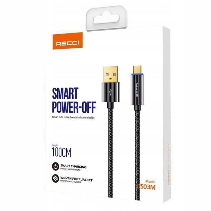 Podświetlany Kabel Micro Usb 2.4A 1M Wzmacniany Oplot Led Recci