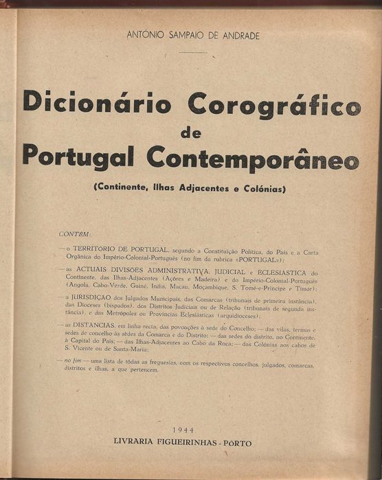 Dicionário Corográfico De Portugal Contemporâneo – 1944