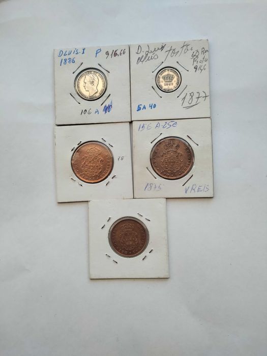 Cinco Moedas de D. Luís I Duas em Prata Tres Em Cobre