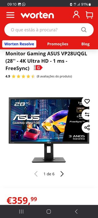 Monitor Gaming ASUS VP28UQGL (28'' - 4K Ultra HD - 1 ms - FreeSync)