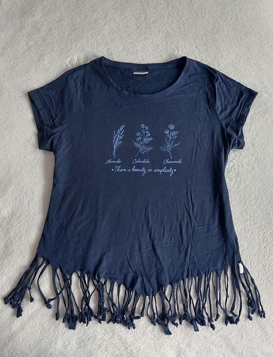 Granatowy t-shirt bluzka frędzle damski 3XL