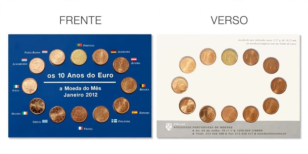 Colecção 10 Anos do Euro - 12 Moedas 1 Cêntimo Países Euro + Portugal Banhada a Ouro - Philae 2012