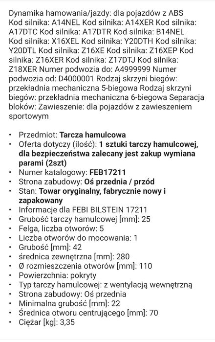 Tarcze hamulcowe przód Febi Bilstein 17211 Opel Zafira