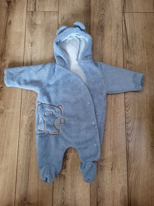 Kombinezon 0-3mies r.56/62 zimowy niebieski miś z kapturem uszkami