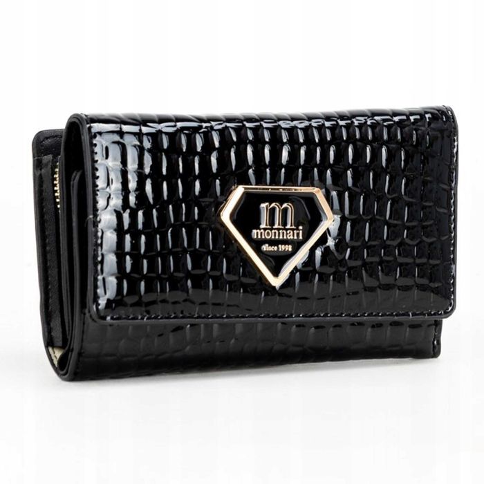 Portfel Damski MONNARI Czarny Lakierowany Skóra Naturalna Elegancki