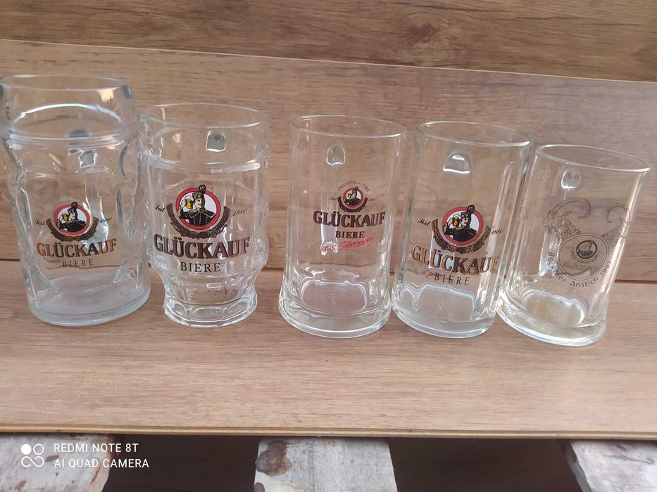 Zestaw 5 kufli do piwa browar Gluckauf Gersdorf motyw górniczy