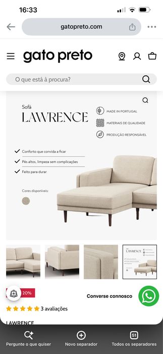 Sofá Gato Preto - Chaise Longue à direita LAWRENCE - Sand 252x160x78