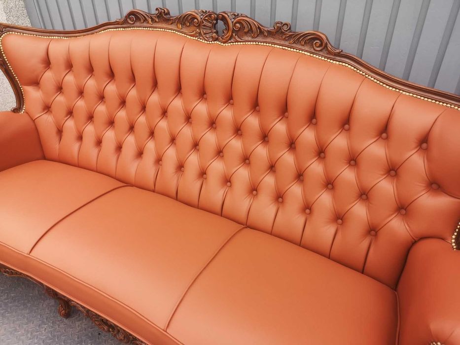 Cudowny komplet po renowacji! Koniakowa skóra! Sofa i dwa fotele!