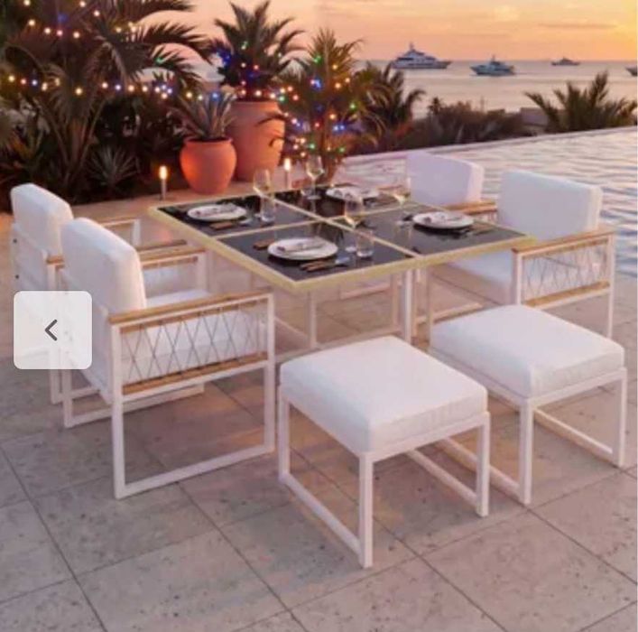 NOVO Conjunto de jantar exterior de 7 peças para 6 pessoas, mesa em vidro temperado, assentos em vime com apoios de braços em madeira de acácia