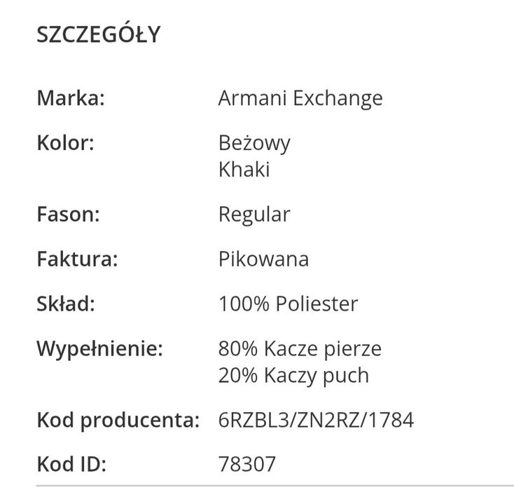 Kurtka puchowa męska Armani Exchange L, nowa bez metki