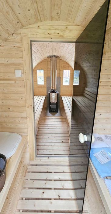 Sauna ogrodowa Beczka 250cm, Ławy + Oparcia Abachi, Szybka Realizacja
